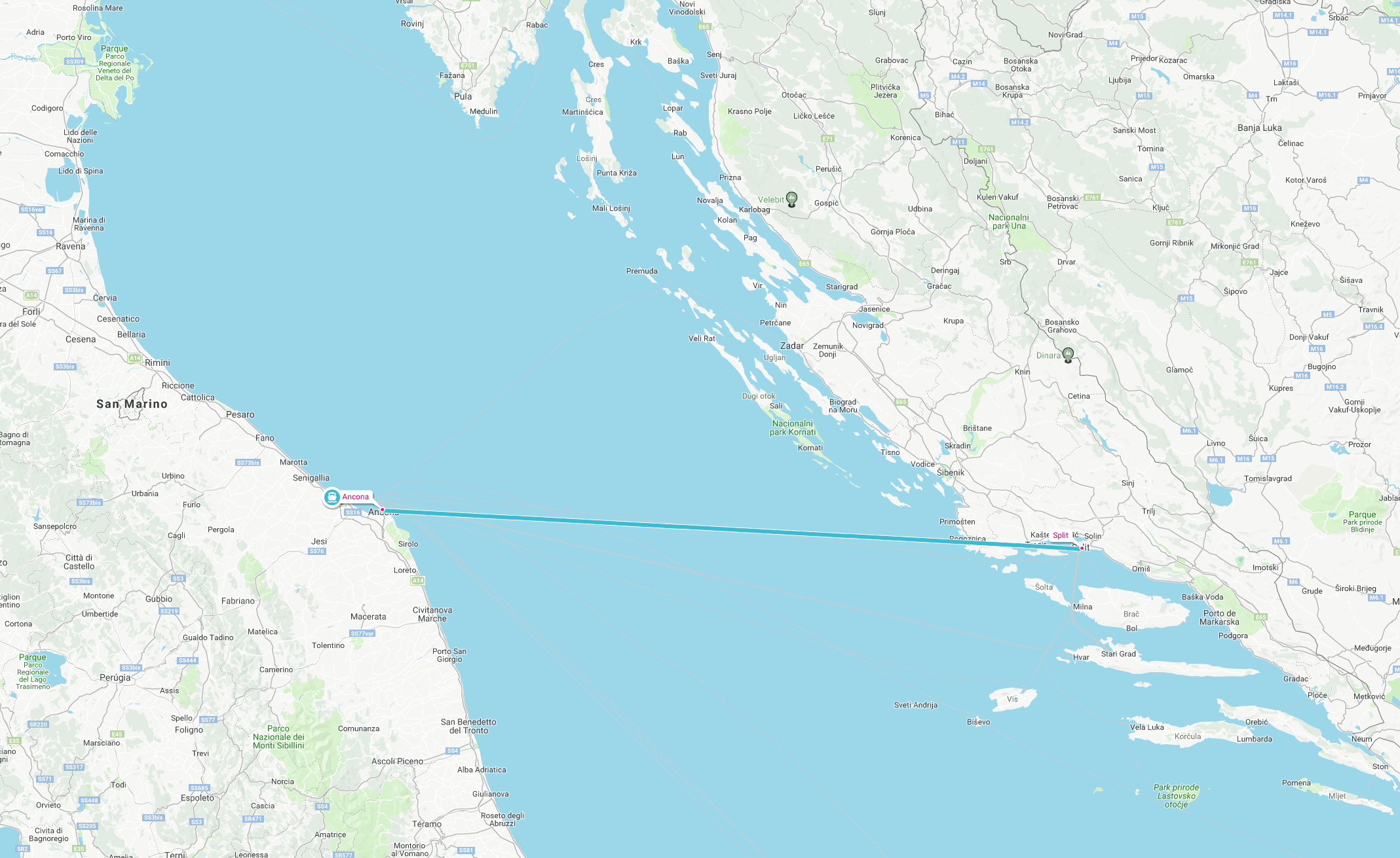 Trajecto Ancona para Split de Ferry